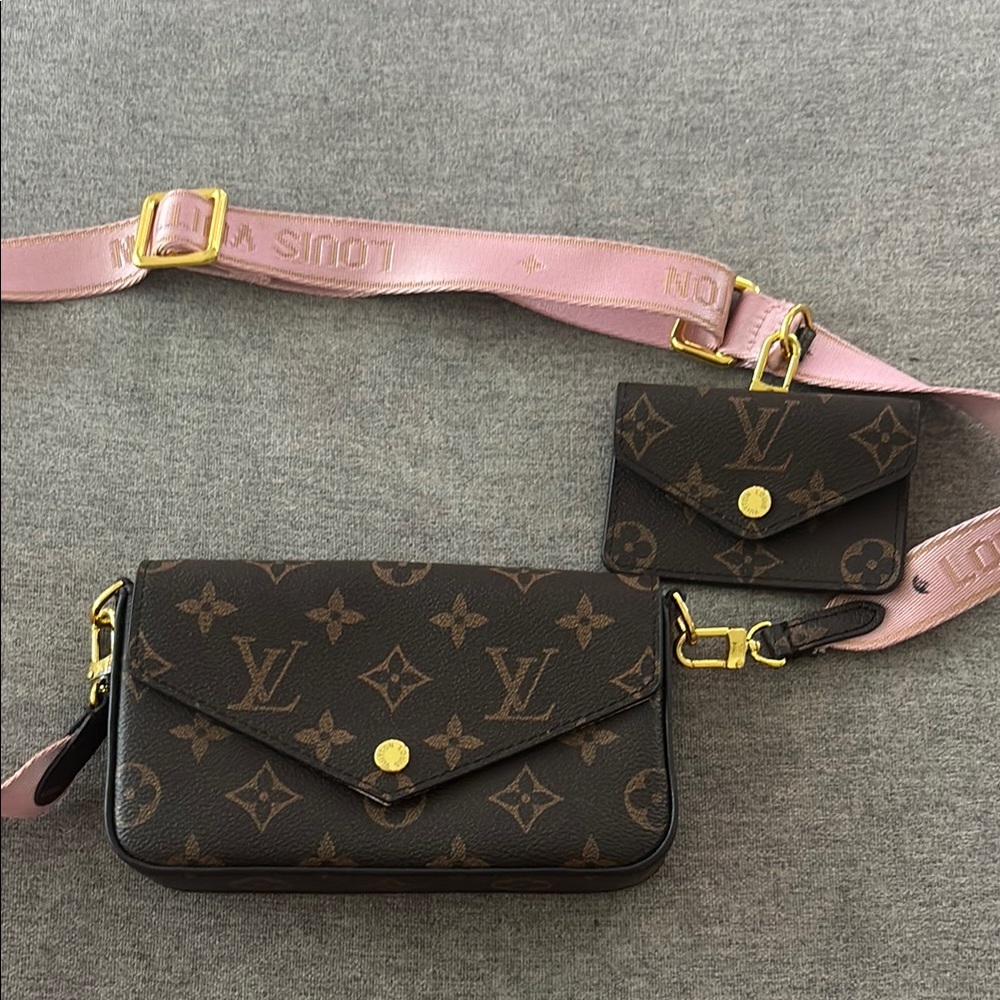Louis Vuitton Monogram Crossbody Bag with Pink Strap (a few stains but minor)